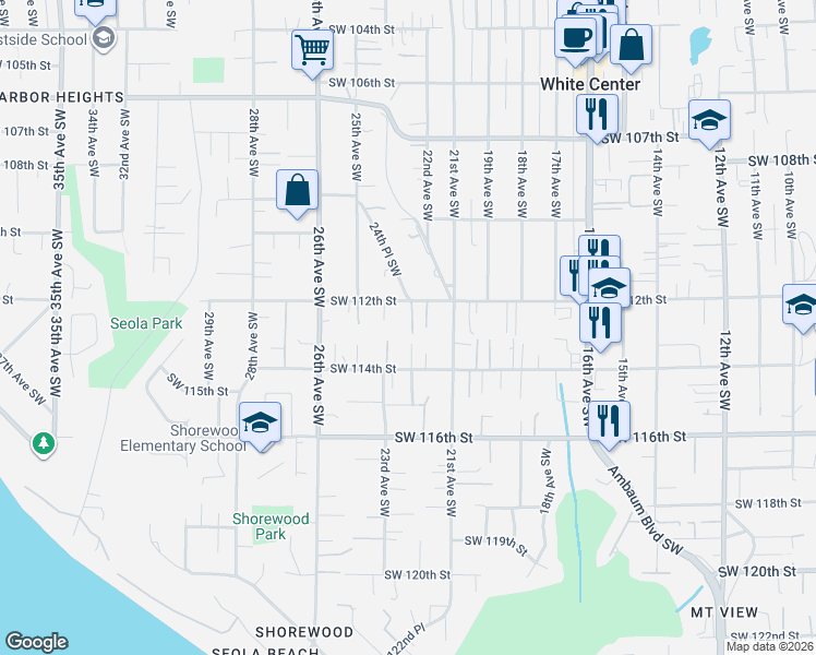 map of restaurants, bars, coffee shops, grocery stores, and more near 11227 22nd Place Southwest in Seattle