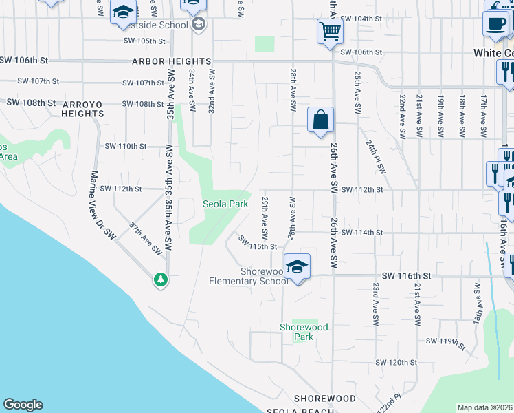 map of restaurants, bars, coffee shops, grocery stores, and more near 11224 29th Avenue Southwest in Seattle