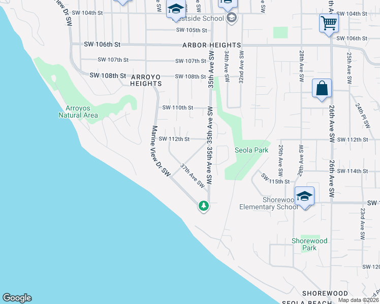 map of restaurants, bars, coffee shops, grocery stores, and more near 3534 Southwest Ocean View Drive in Seattle