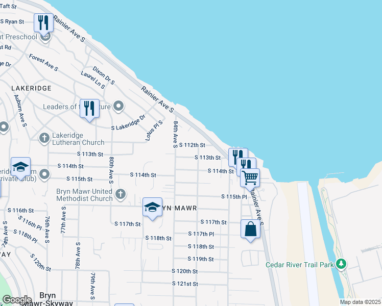 map of restaurants, bars, coffee shops, grocery stores, and more near 8428 S 113th St in Seattle