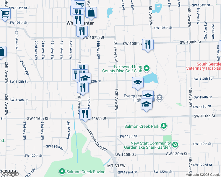 map of restaurants, bars, coffee shops, grocery stores, and more near 1219 Southwest 112th Street in Seattle