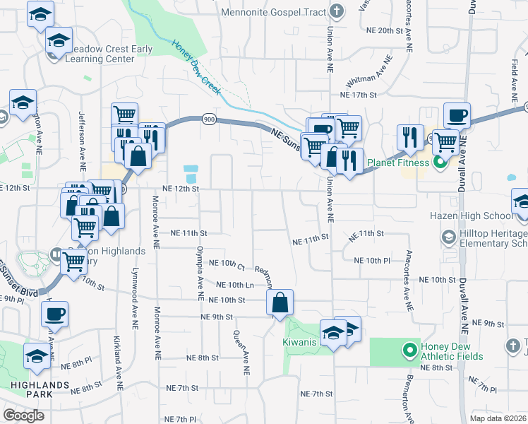 map of restaurants, bars, coffee shops, grocery stores, and more near 1118 Redmond Avenue Northeast in Renton