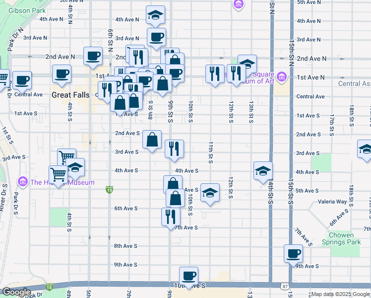 map of restaurants, bars, coffee shops, grocery stores, and more near 921 3rd Avenue South in Great Falls