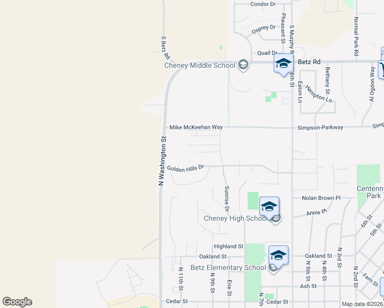 map of restaurants, bars, coffee shops, grocery stores, and more near 913 Golden Hills Drive in Cheney