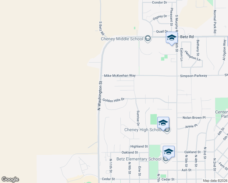 map of restaurants, bars, coffee shops, grocery stores, and more near 1105 Golden Hills Drive in Cheney