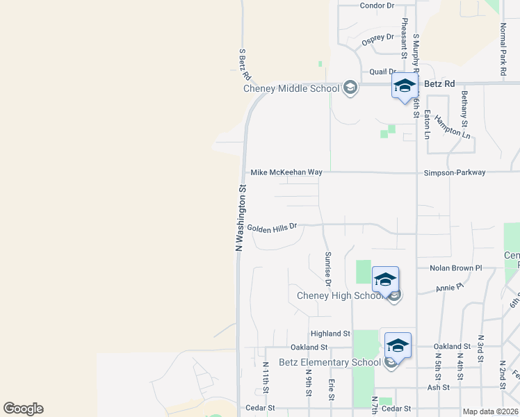 map of restaurants, bars, coffee shops, grocery stores, and more near 1105 Golden Hills Drive in Cheney
