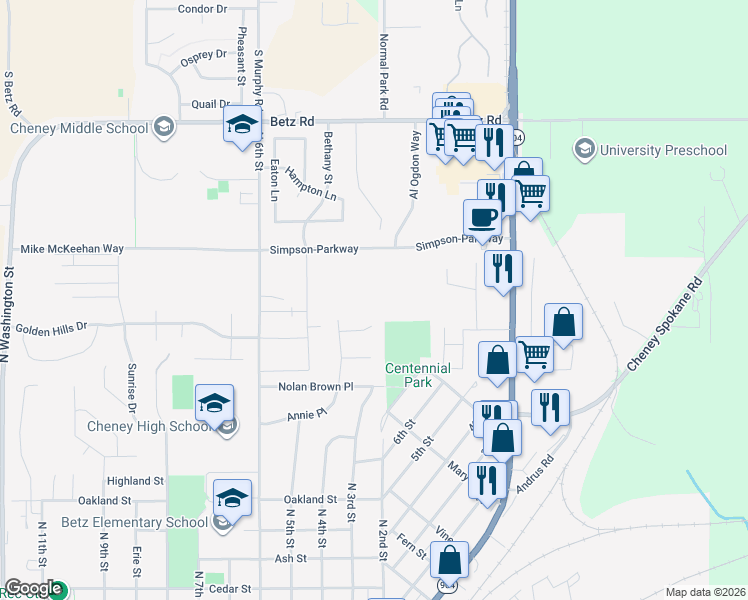 map of restaurants, bars, coffee shops, grocery stores, and more near 301 Plum Tree Court in Cheney
