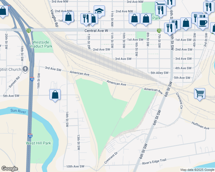 map of restaurants, bars, coffee shops, grocery stores, and more near 1116 American Avenue in Great Falls