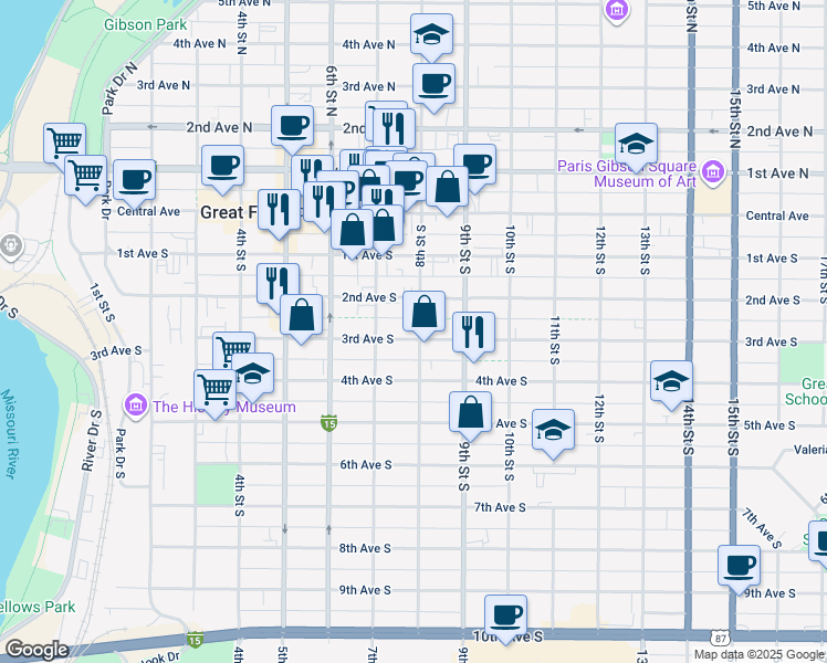 map of restaurants, bars, coffee shops, grocery stores, and more near 725 3rd Avenue South in Great Falls