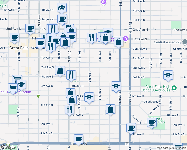 map of restaurants, bars, coffee shops, grocery stores, and more near 1109 3rd Avenue South in Great Falls