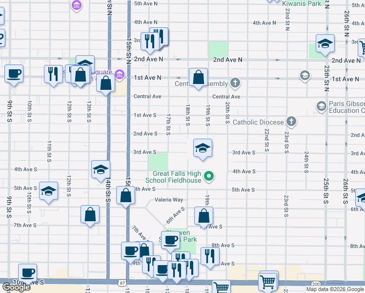 map of restaurants, bars, coffee shops, grocery stores, and more near 1711 3rd Avenue South in Great Falls