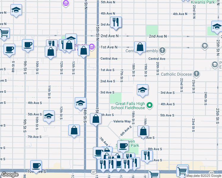 map of restaurants, bars, coffee shops, grocery stores, and more near 1617 3rd Avenue South in Great Falls