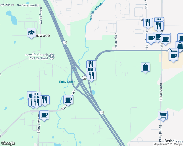 map of restaurants, bars, coffee shops, grocery stores, and more near 233 Bravo Terrace Southeast in Port Orchard