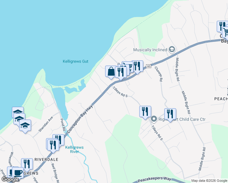 map of restaurants, bars, coffee shops, grocery stores, and more near 12 Tilleys Road South in Conception Bay South