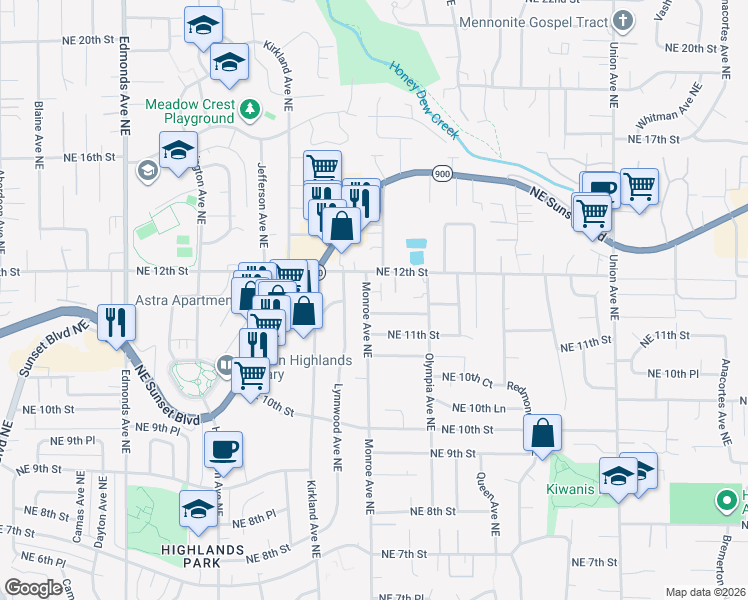 map of restaurants, bars, coffee shops, grocery stores, and more near 1160 Monroe Avenue Northeast in Renton
