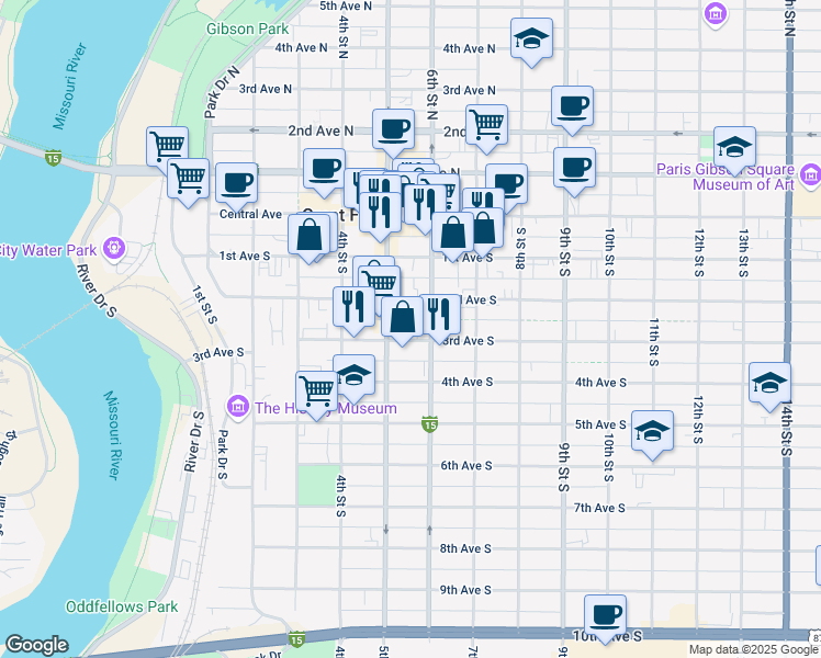 map of restaurants, bars, coffee shops, grocery stores, and more near 501-599 3rd Avenue South in Great Falls