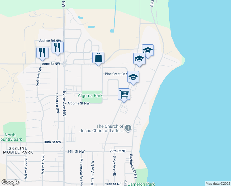 map of restaurants, bars, coffee shops, grocery stores, and more near 104 Circle Pines Drive Northwest in Bemidji