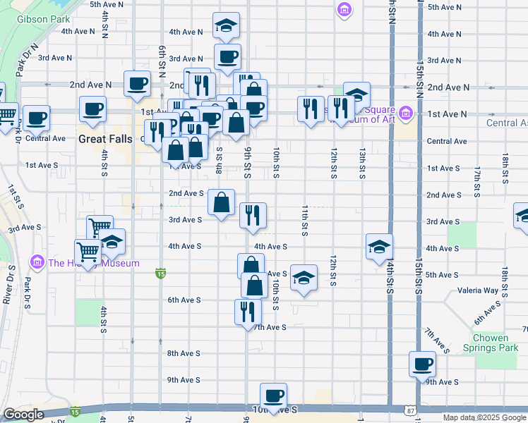 map of restaurants, bars, coffee shops, grocery stores, and more near 921 3rd Avenue South in Great Falls