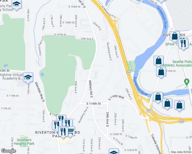 map of restaurants, bars, coffee shops, grocery stores, and more near 2225 South 112th Street in Seattle