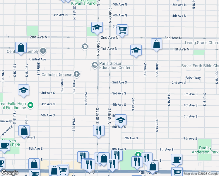 map of restaurants, bars, coffee shops, grocery stores, and more near 251 26th Street South in Great Falls