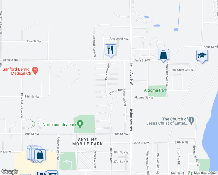 map of restaurants, bars, coffee shops, grocery stores, and more near 635 Villa Court Northwest in Bemidji