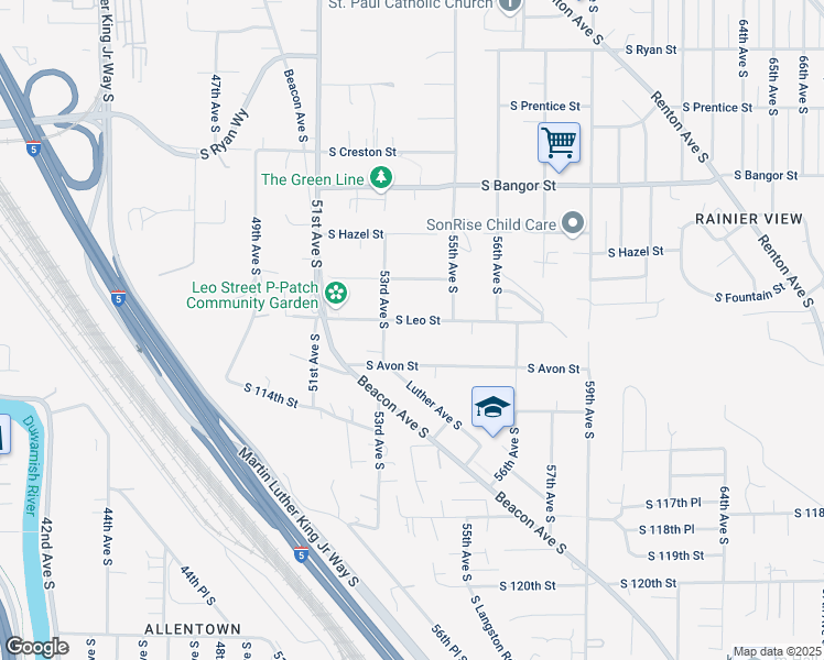 map of restaurants, bars, coffee shops, grocery stores, and more near 5327 South Leo Street in Seattle