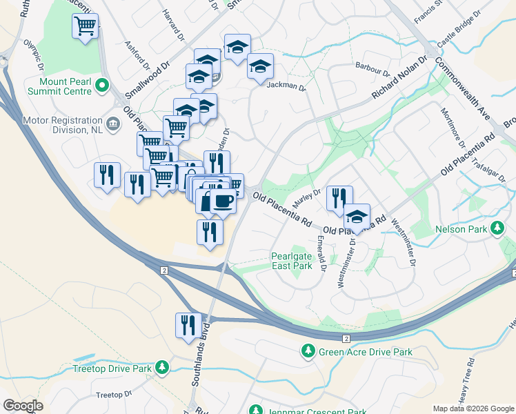 map of restaurants, bars, coffee shops, grocery stores, and more near 9 Hodder Place in Mount Pearl