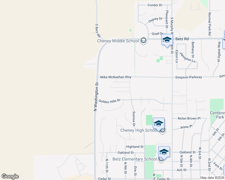 map of restaurants, bars, coffee shops, grocery stores, and more near 913 Golden Hills Drive in Cheney
