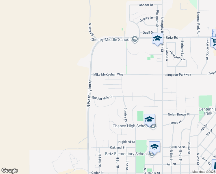 map of restaurants, bars, coffee shops, grocery stores, and more near 913 Golden Hills Drive in Cheney