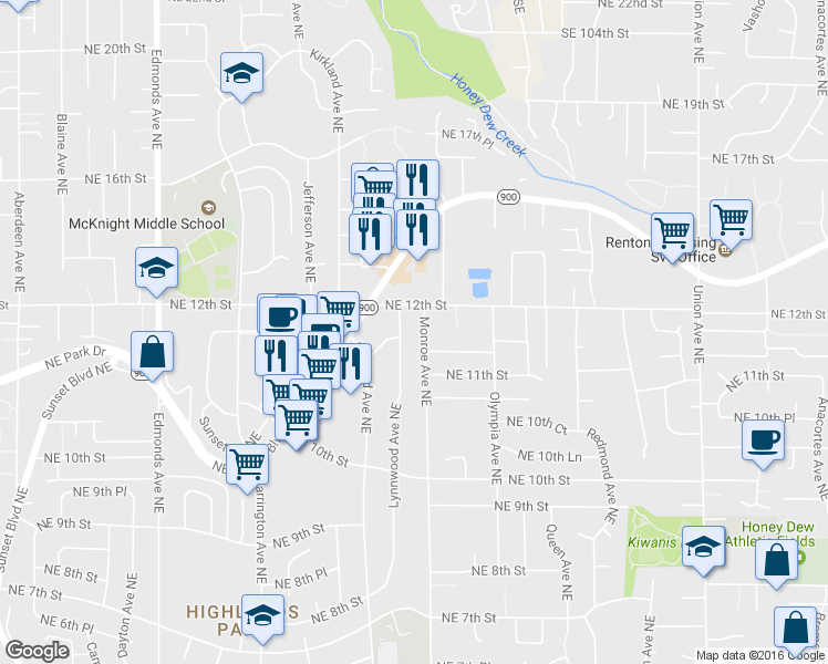 map of restaurants, bars, coffee shops, grocery stores, and more near 1150 Monroe Avenue Northeast in Renton