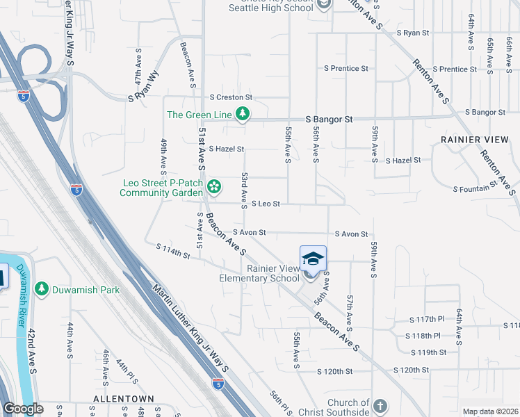 map of restaurants, bars, coffee shops, grocery stores, and more near 5327 South Leo Street in Seattle