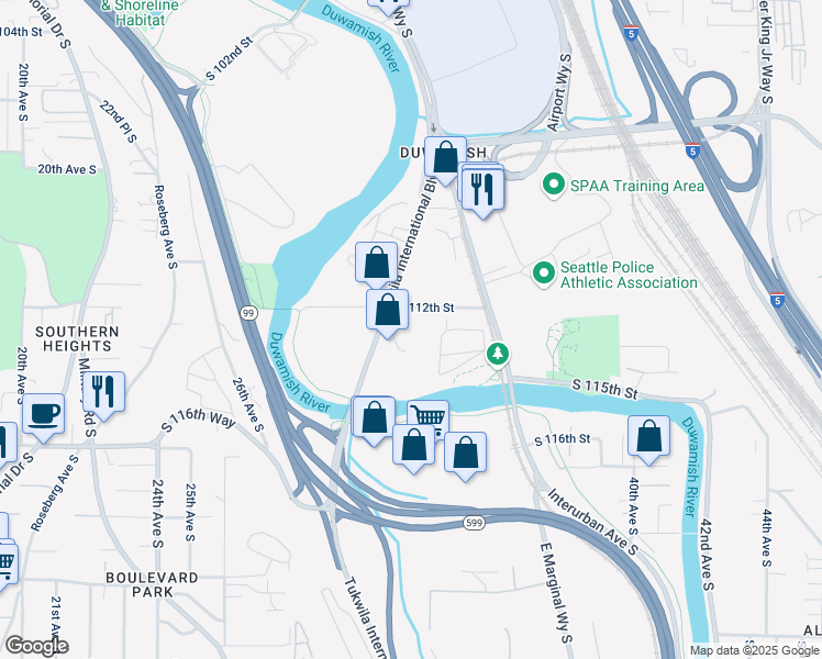 map of restaurants, bars, coffee shops, grocery stores, and more near 11234 Tukwila International Blvd in Tukwila