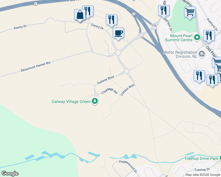 map of restaurants, bars, coffee shops, grocery stores, and more near 30 Claddagh Road in St. John's