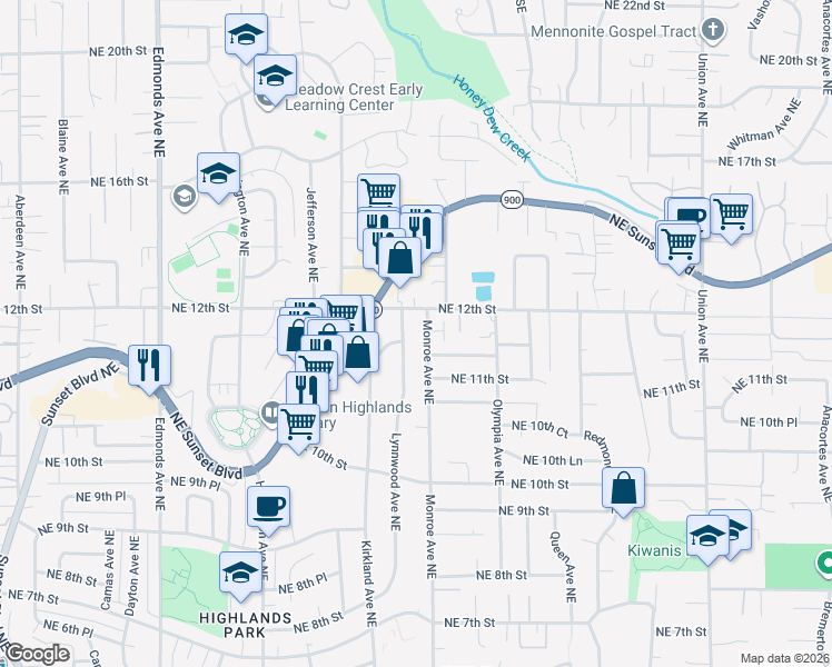 map of restaurants, bars, coffee shops, grocery stores, and more near 1150 Monroe Avenue Northeast in Renton