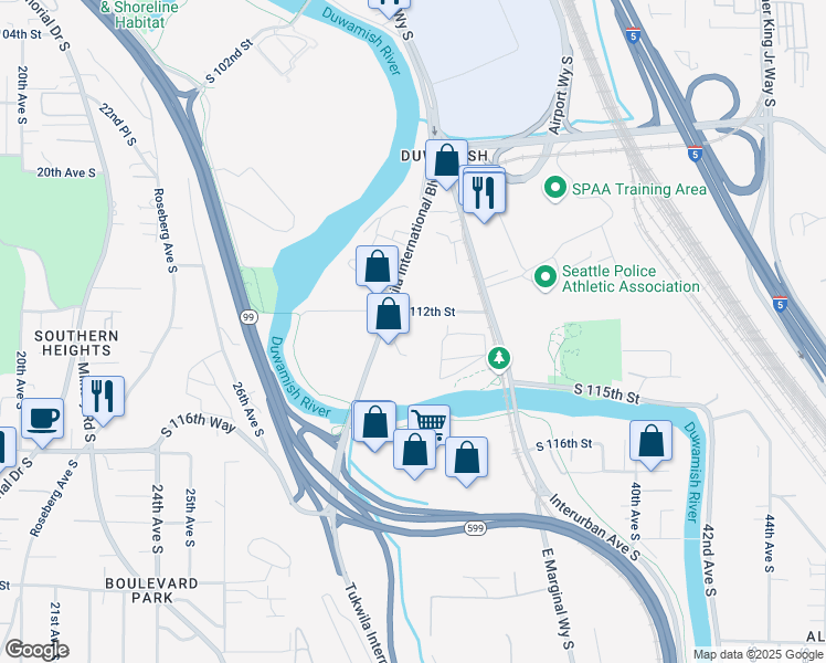 map of restaurants, bars, coffee shops, grocery stores, and more near 11210 Tukwila International Boulevard in Tukwila