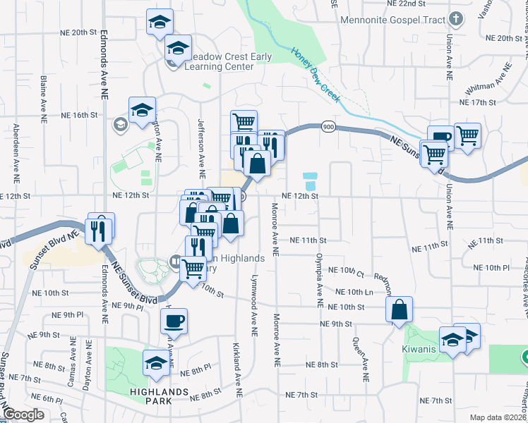 map of restaurants, bars, coffee shops, grocery stores, and more near 3233 Northeast 12th Street in Renton