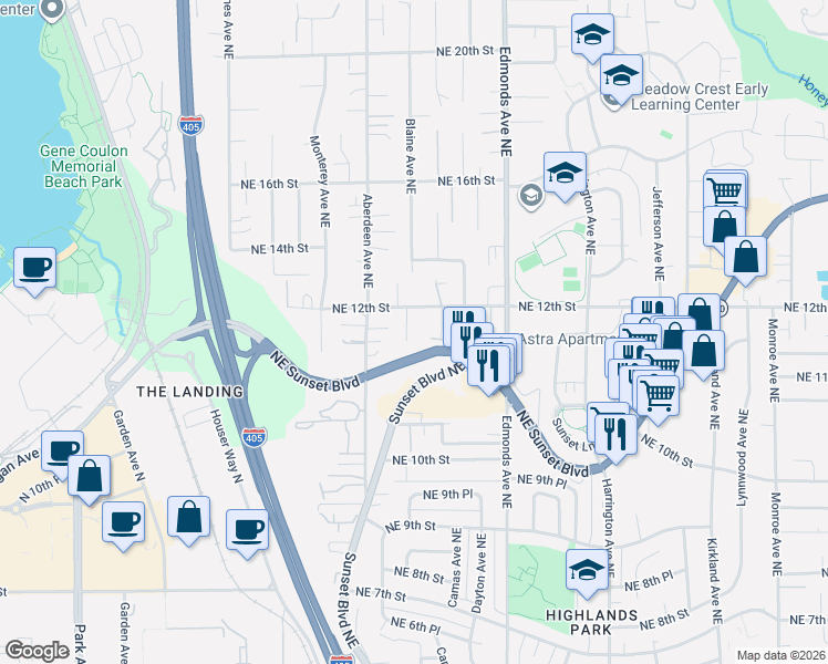 map of restaurants, bars, coffee shops, grocery stores, and more near 2147 Northeast 12th Street in Renton