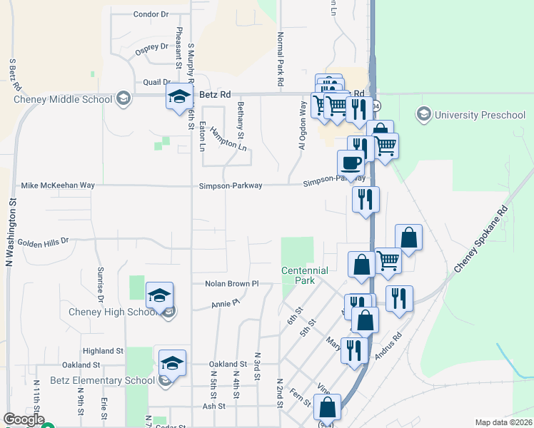 map of restaurants, bars, coffee shops, grocery stores, and more near 309 Plum Tree Court in Cheney