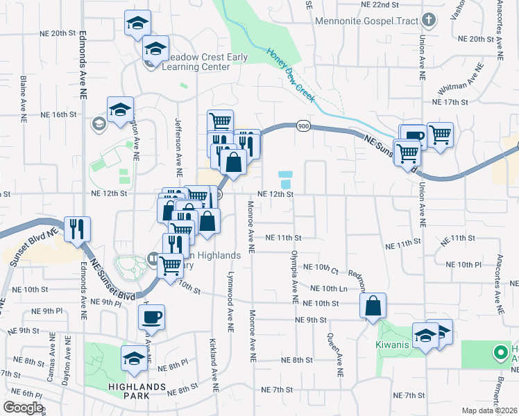 map of restaurants, bars, coffee shops, grocery stores, and more near 1150 Monroe Avenue Northeast in Renton