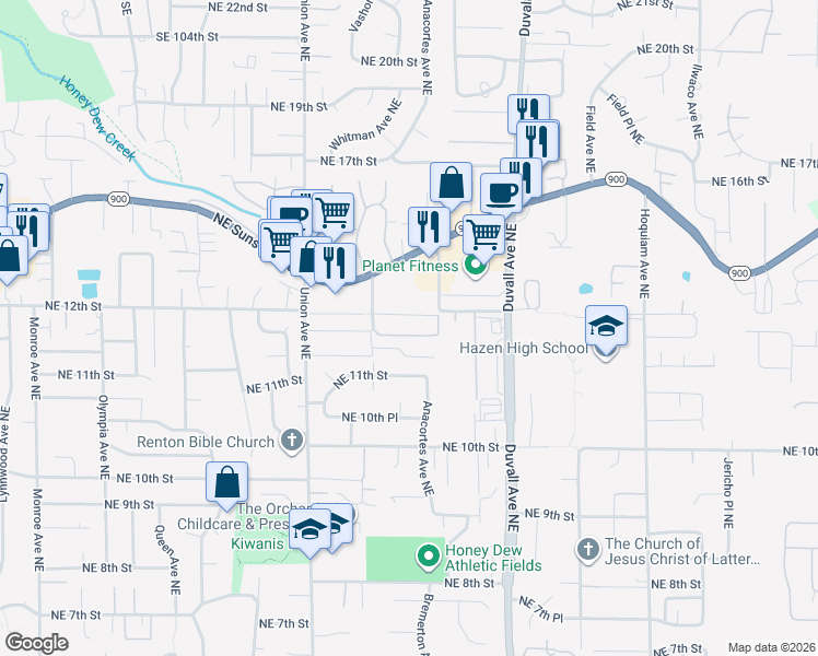 map of restaurants, bars, coffee shops, grocery stores, and more near 4400 Northeast 11th Street in Renton