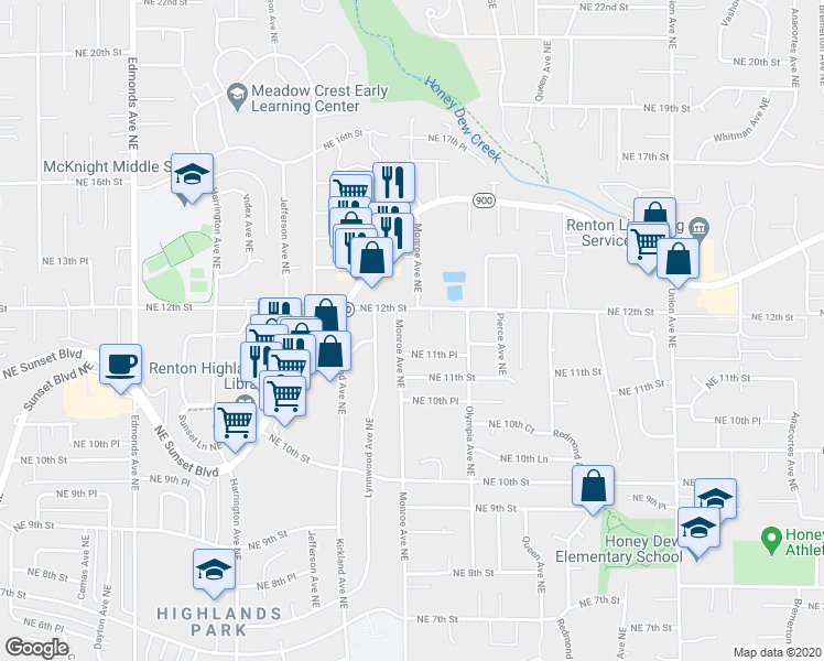 map of restaurants, bars, coffee shops, grocery stores, and more near 1150 Monroe Avenue Northeast in Renton
