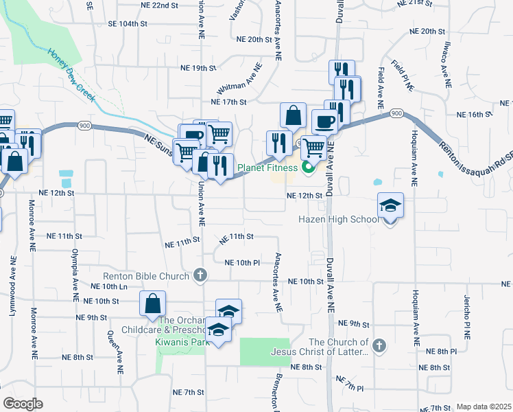 map of restaurants, bars, coffee shops, grocery stores, and more near 4455 Northeast 12th Street in Renton