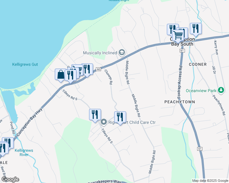 map of restaurants, bars, coffee shops, grocery stores, and more near 39 Cluneys Road in Conception Bay South