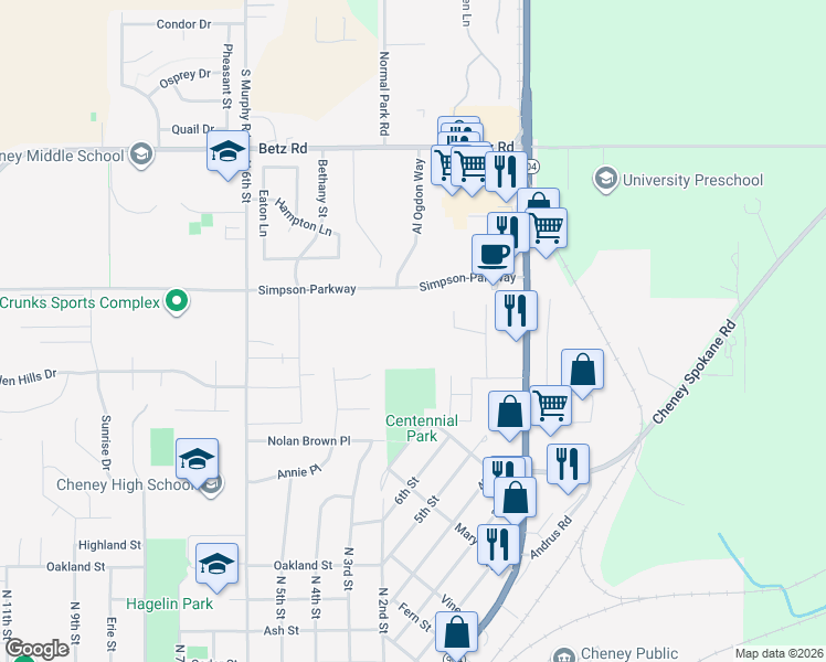 map of restaurants, bars, coffee shops, grocery stores, and more near 210 Simpson-Parkway in Cheney