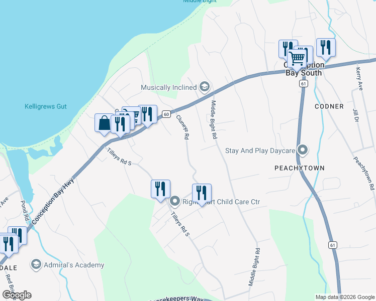 map of restaurants, bars, coffee shops, grocery stores, and more near in Conception Bay South