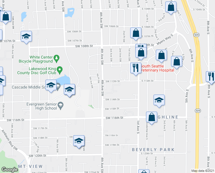 map of restaurants, bars, coffee shops, grocery stores, and more near 323 Southwest 112th Street in Seattle