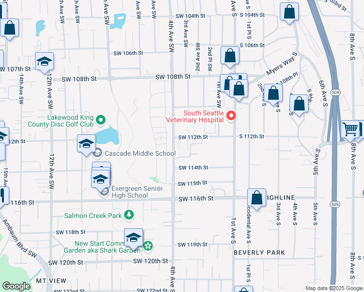 map of restaurants, bars, coffee shops, grocery stores, and more near 303 Southwest 112th Street in Seattle