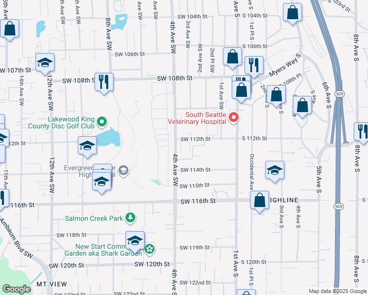 map of restaurants, bars, coffee shops, grocery stores, and more near 11202 2nd Lane Southwest in Seattle