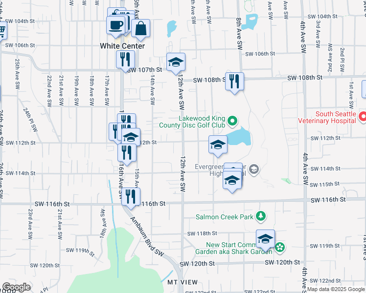 map of restaurants, bars, coffee shops, grocery stores, and more near 1219 Southwest 112th Street in Seattle