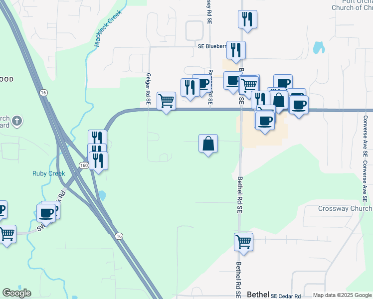 map of restaurants, bars, coffee shops, grocery stores, and more near 5004 Bethel Road Southeast in Port Orchard